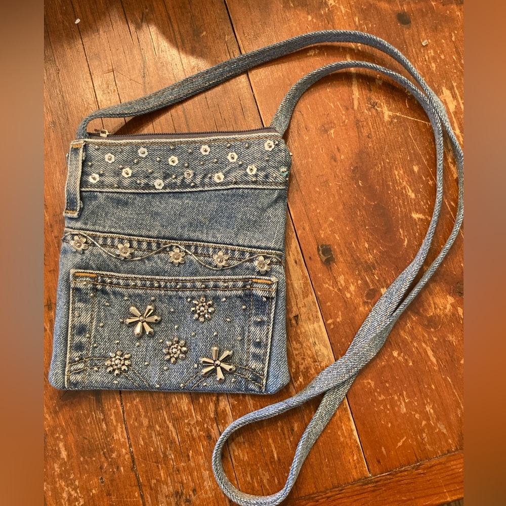 Boho Chic CROSSBODY Handbag Blue Jean with Silver Beads NEW